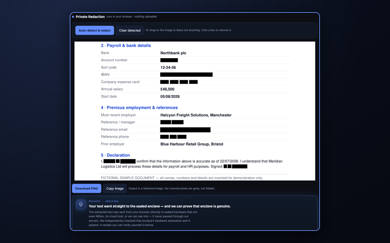 An onboarding form with sensitive fields automatically blacked out, and a Private, Verified panel