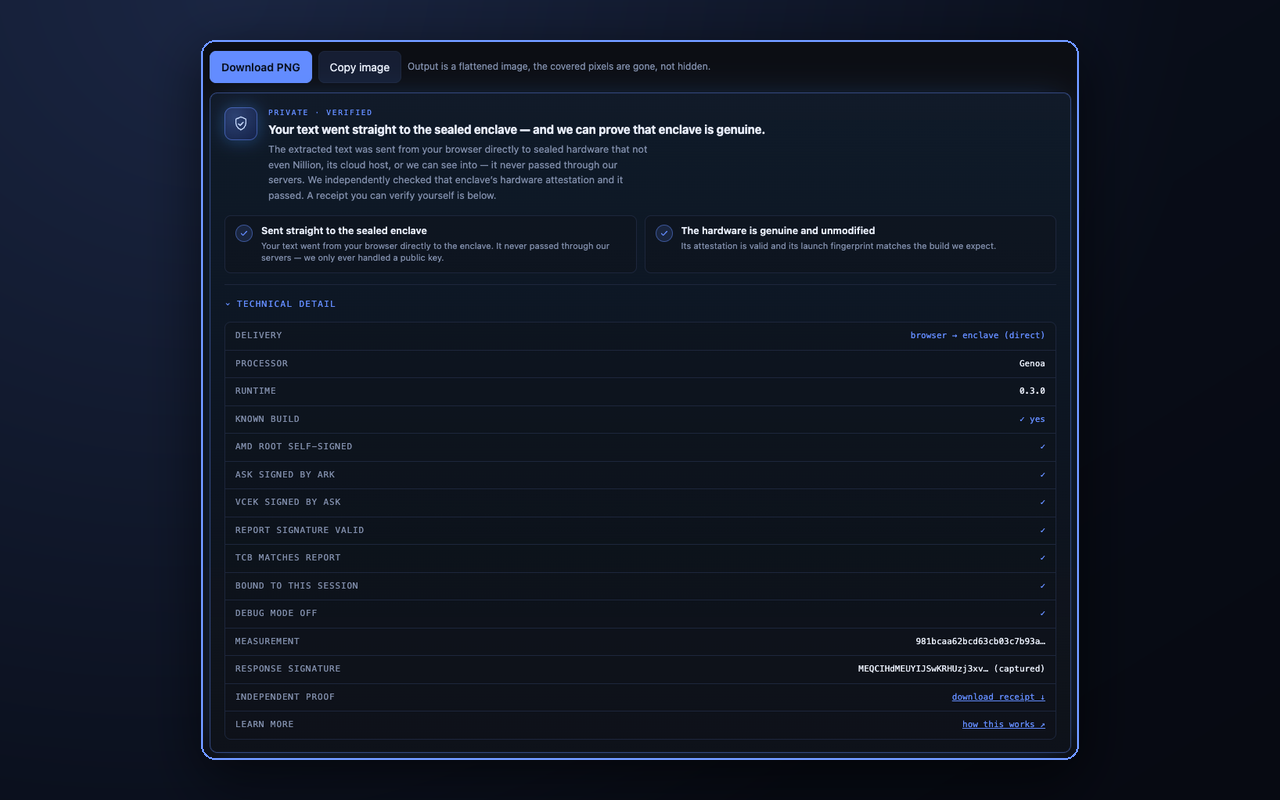The verification panel showing browser to enclave direct delivery and passing attestation checks